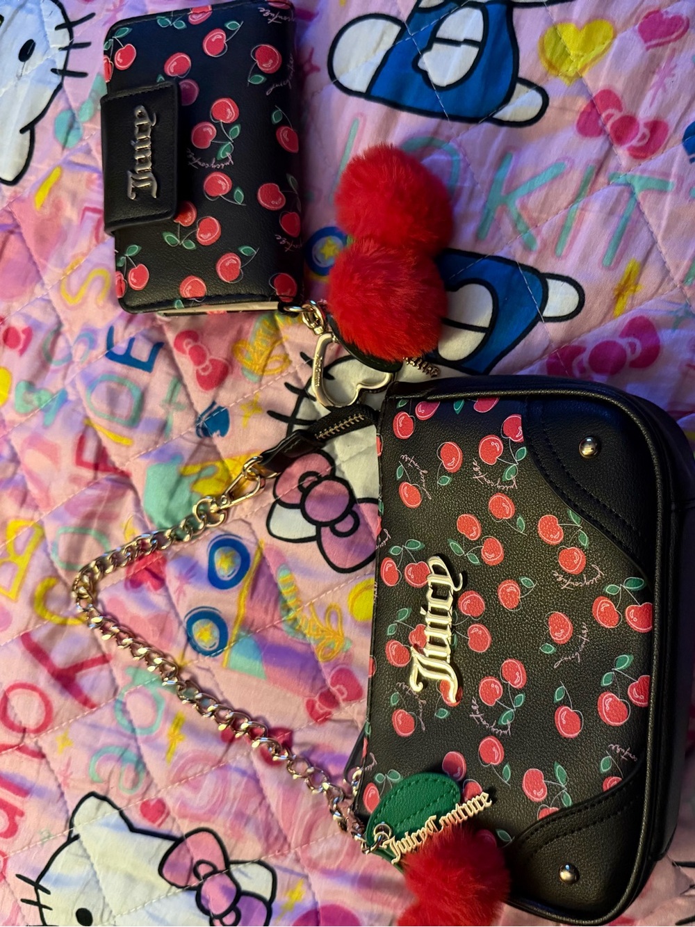 Juicy Couture Black Cherry Print wristlet bag with hanging charms
